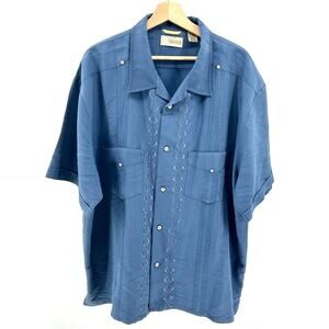 Cubavera Blue Embroidered Guayabera Camp Collar Short Sleeve Shirt